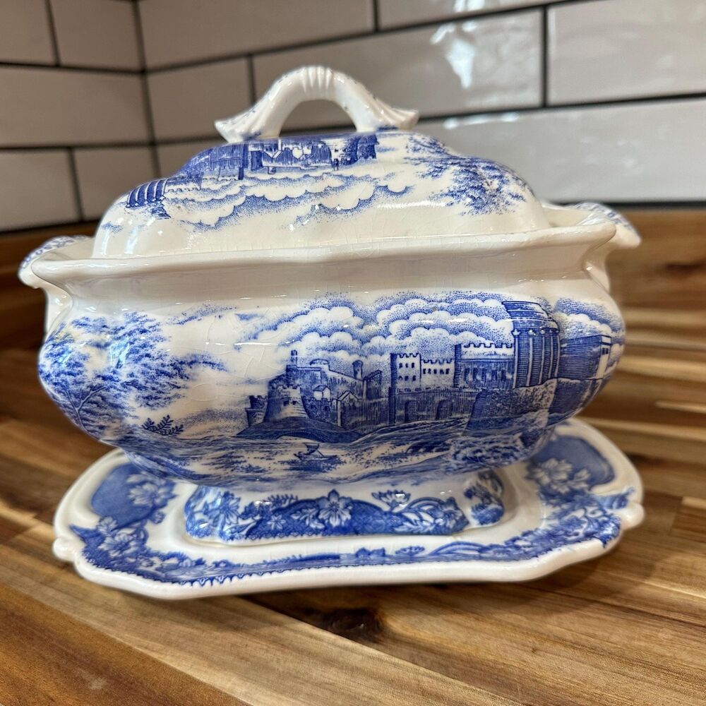 Vintage 1960s Trimont Ware Tureen with Lid and Underplate - Blue White Porcelain